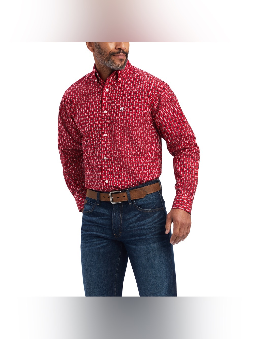 Ariat Mens Small Noland Fitted Button Down Shirt Tango Red Geometric Diamond LS